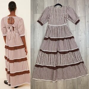 Neon Rose Gingham Tiered Puff Sleeve Maxi Dress Size Small Brown Back Tie Cotton